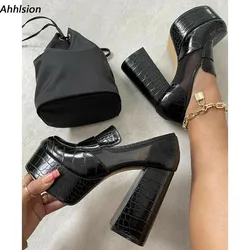 Ahhlsion Women Spring Pump Mary Janes Block High Heels Round Toe Elegant Black Party Shoes Ladies US Size 5-20