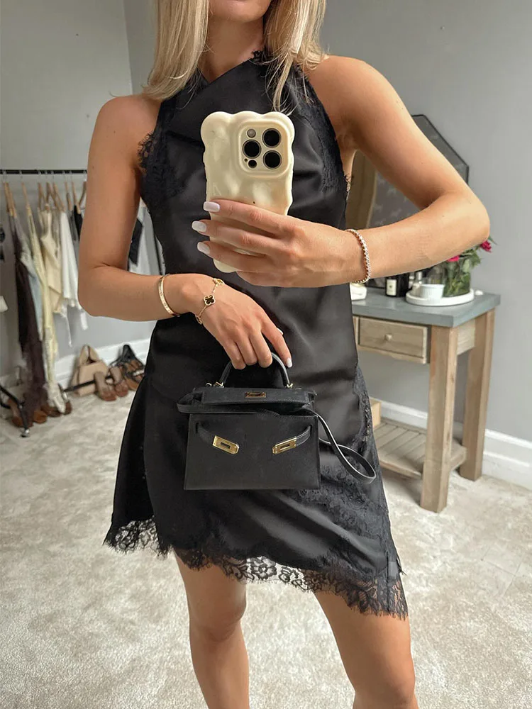 HH Women Sexy Fashion Slim Halter Neck Lace Sleeveless Backless Top+Mid-Waist Zipper Silk Satin Textured Hem Slit Skirt Suit