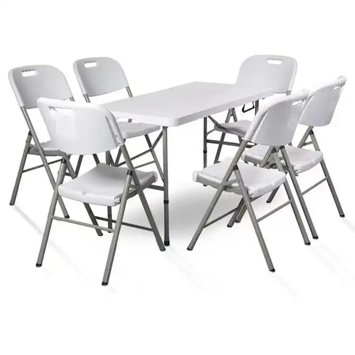 6 chairs 1 table) 120cm length  Solid White Plastic Table Outdoor Garden Folding Table For Event 236