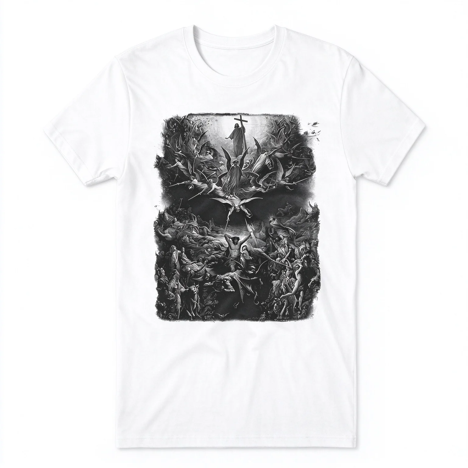 2026 Antique Black White Myth Scene Print T-shirt Cotton Unisex Crew Neck Loose Streetwear Tops