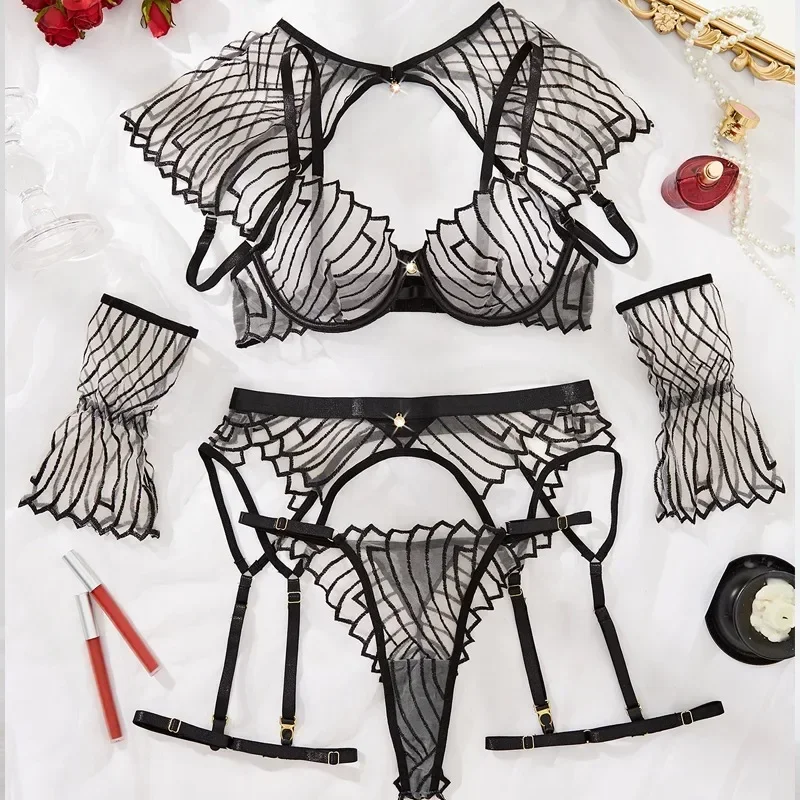 Toucheart kit de lingerie sexy de 6 peças, bordado plissado, roupa íntima transparente, xale bordado, liga, anel de aço sexy, lingerie