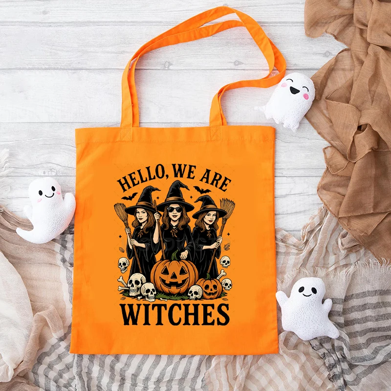 Hello We Are Witches Tote Bag Retro Witch Pumpkin Skull Bat Canvas Handbag Halloween Reusable Shoulder Bag Women Party Gift