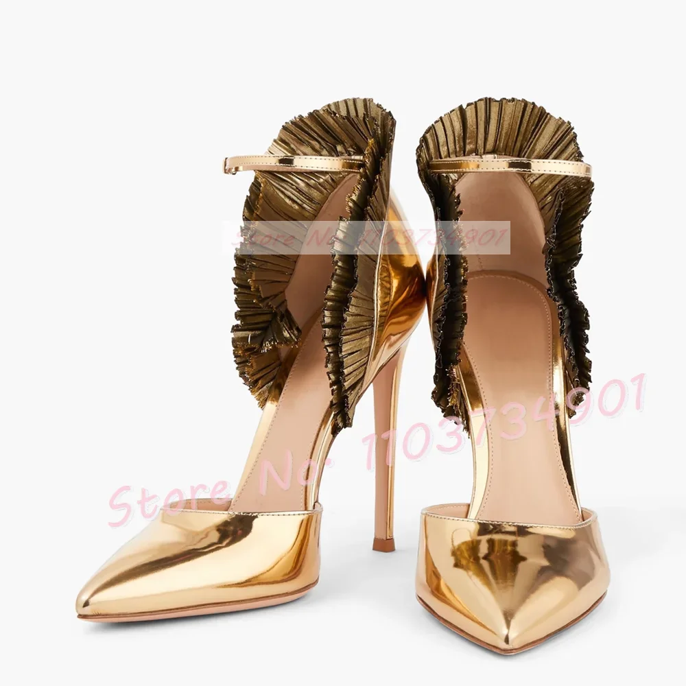 Ruffled Metallic Gold Pumps Women Luxury Chic Pointed Toe High Heels Party Shoes Female Summer Ankle Strap Cover Heel Sexy Shoes