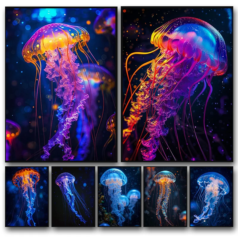 الحديثة متوهجة قنديل البحر ديلوكس قماش اللوحة يطبع الحيوانات البحرية الملصقات والصور جدار الفن غرفة المعيشة ديكور المنزل