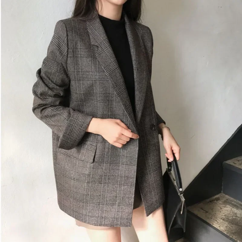 Frauen Winter Plaid Blazer Mäntel Koreanische Mode Elegante Feste Dicke Jacke Weibliche Zweireiher Büro Dame Langen Mantel