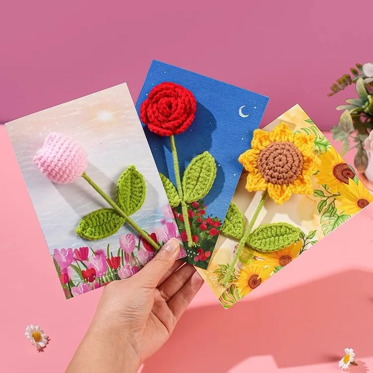 

New 3D knit Rose Flower Thank-You Card for Teachers DIY Handmade Birthday Card Gift Blank Handwritten Card for Mother's Day Gift