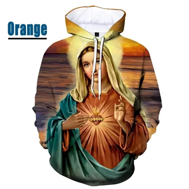 Full Print Christianity Virgin Mary Pattern Hoodies For Men Women Casual Long Sleeves Pullovers Sweatshirt Clothes Sudaderas