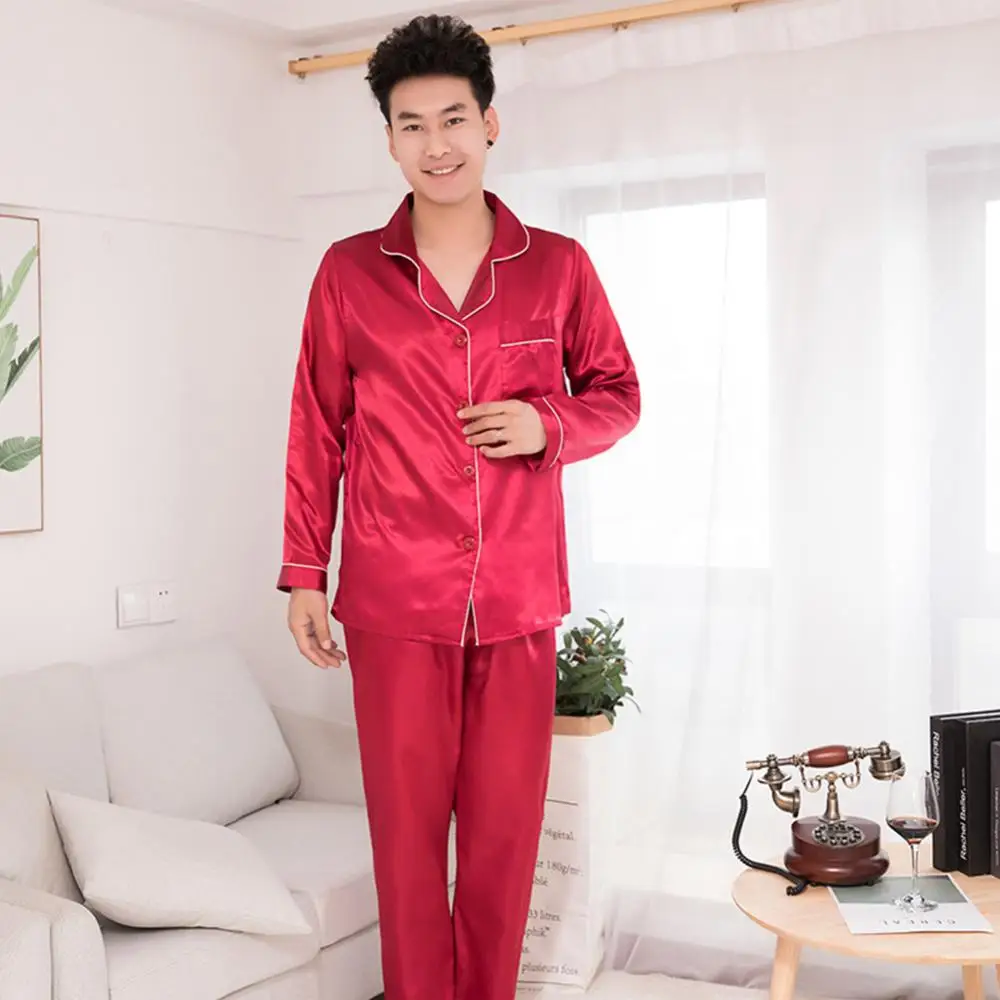 Conjunto de pijamas masculinos de cetim de seda moda pijamas casal cor sólida manga longa feminino loungewear calças superiores duas peças set 잠옷