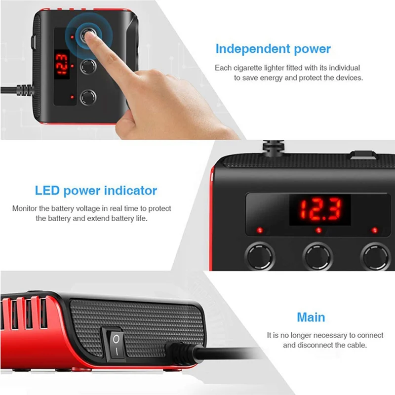 TR12 Car Lighter Triple-Evaporator with Switch Voltage Display 4 USB Car Lighter 120W Charger,Black+Red