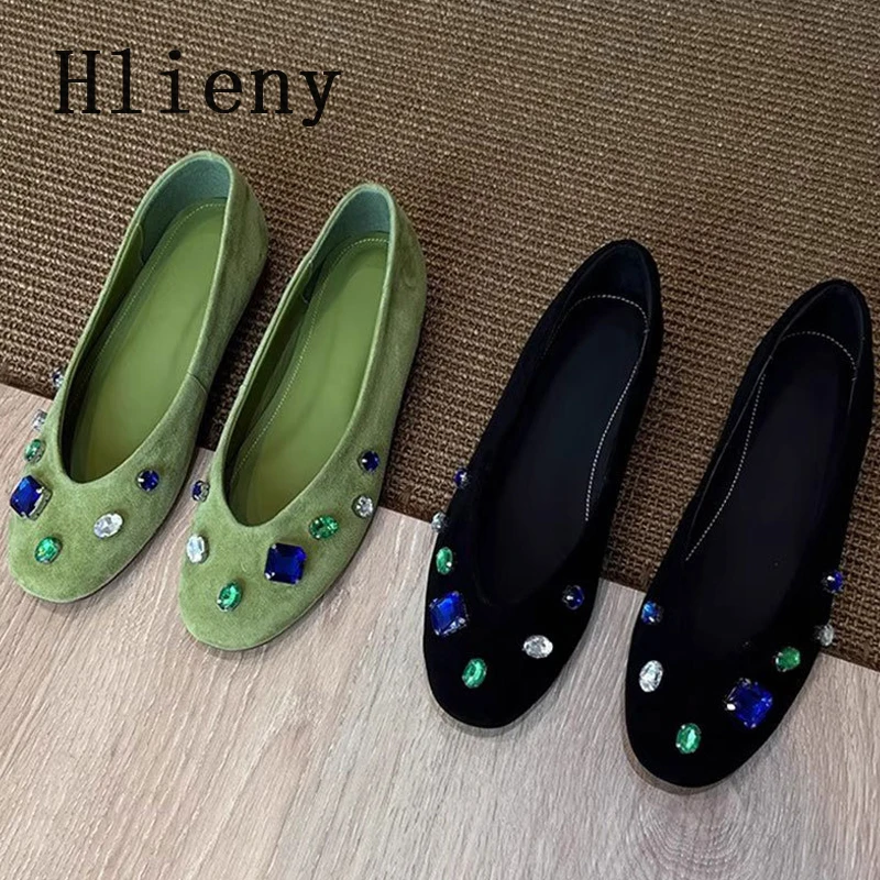 hlieny-ファッションカラフルな宝石フラット女性バレエ居心地の良いラウンドトゥ浅いスエードローファー女性のためのエレガントなブランドデザイナーの靴