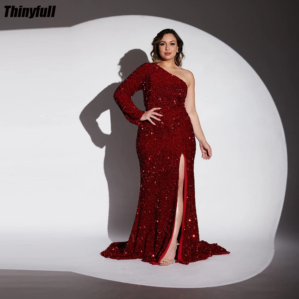 

Thinyfull Mermaid Glitter Prom Dresses One Shoulder Long Sleeves Evening Party Gown Split Sequin 2024 Formal Occasion Dress