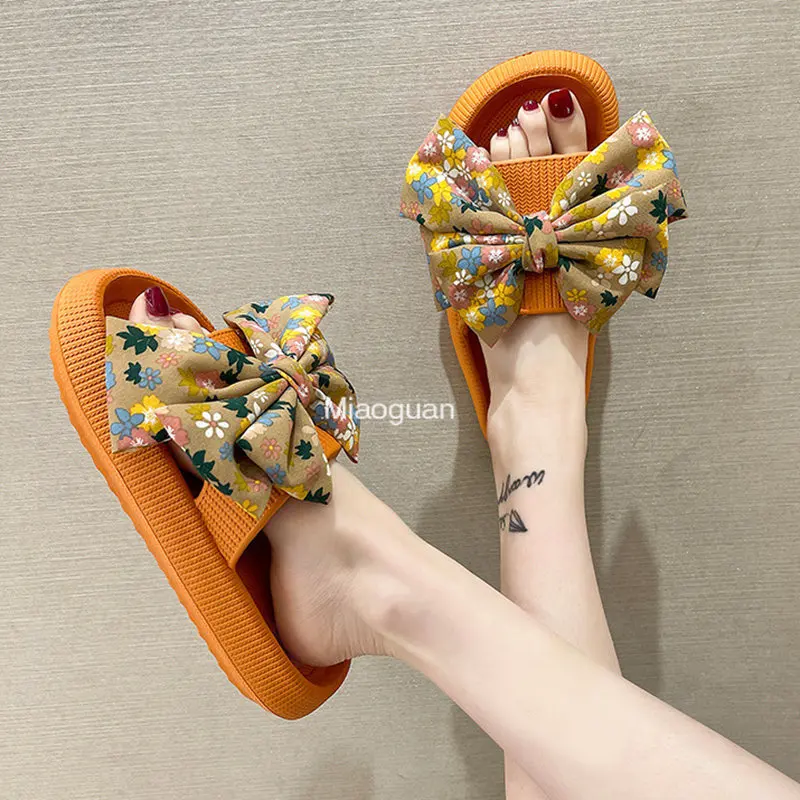 Fashion Printed Big Bowtie Slides Women Summer Thick Platform Slippers EVA Soft Sole Anti-slip Sandals Woman Flip Flops size 43