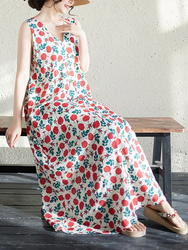 

Summer V-neck Sleeveless Long Dress Women's Thin Skin-friendly Minimalist Floral Print Casual Citywalk Cotton Blend Dress