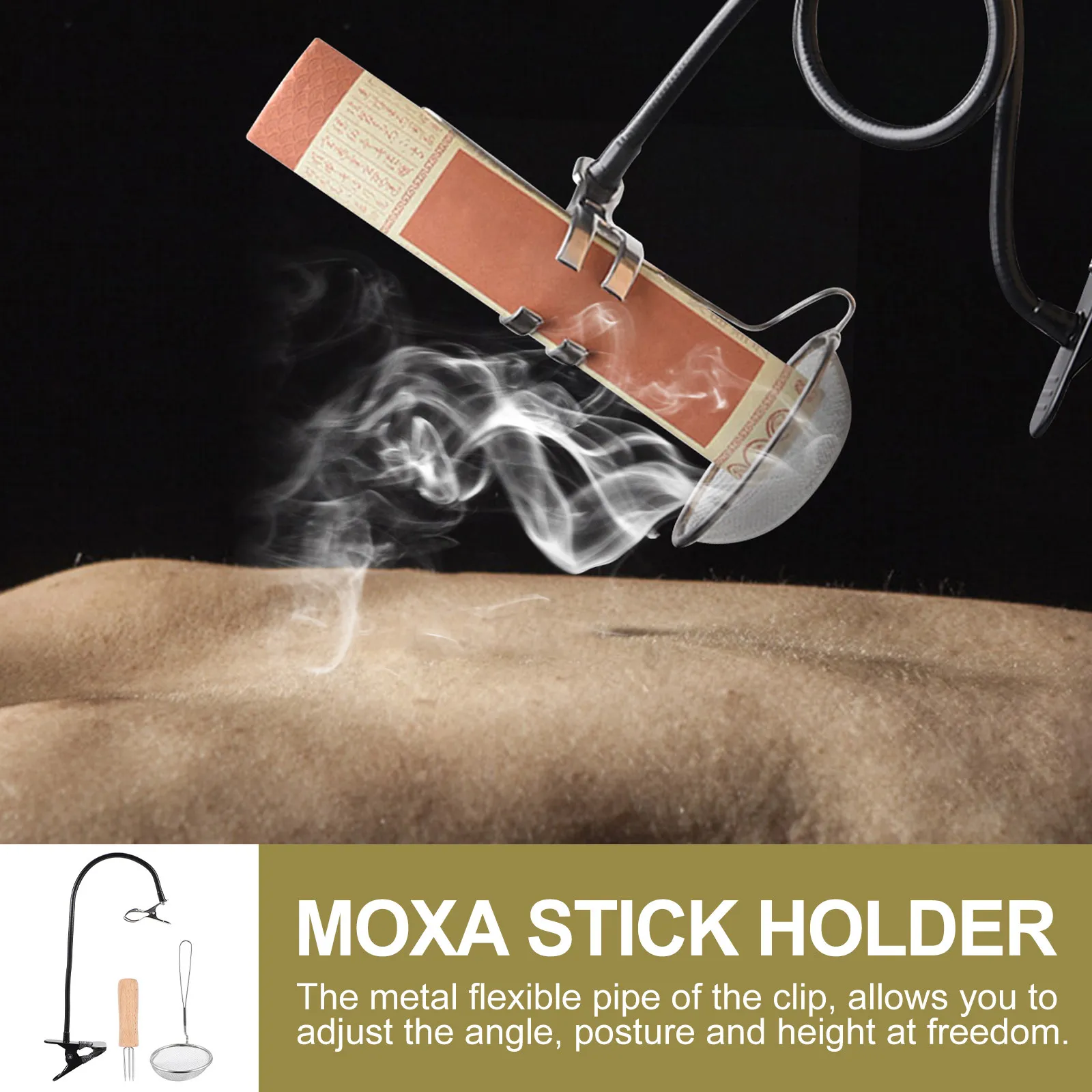 1Set Moxa Roll Holder Metal Flexible Clip Silicone Padding Portable Moxibustion Tool Adjustable Angle Ash Screen Moxa Stick