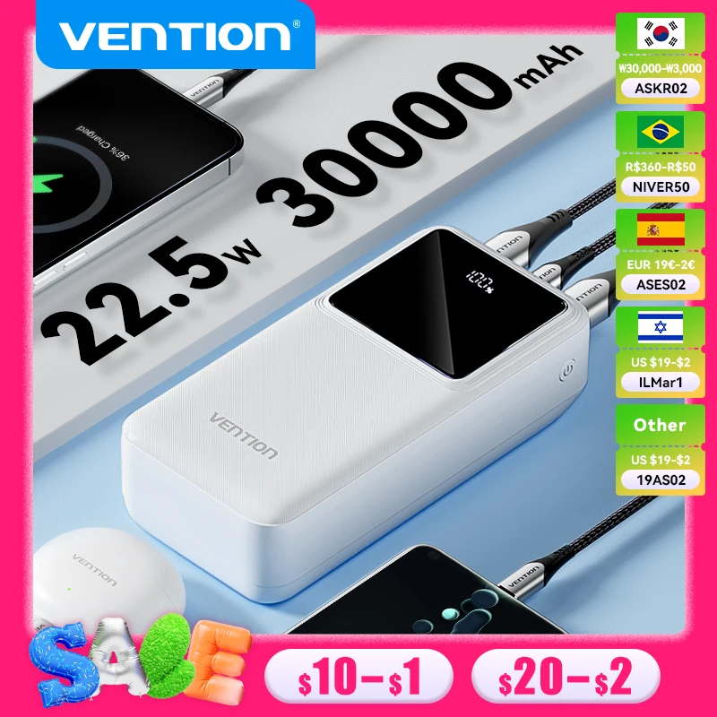 Vention 30000mAh Power Bank 22.5W PD Fast Charge Portable PowerBank for iPhone 15 Pro Max Xiaomi Huawei Portable Battery Charger