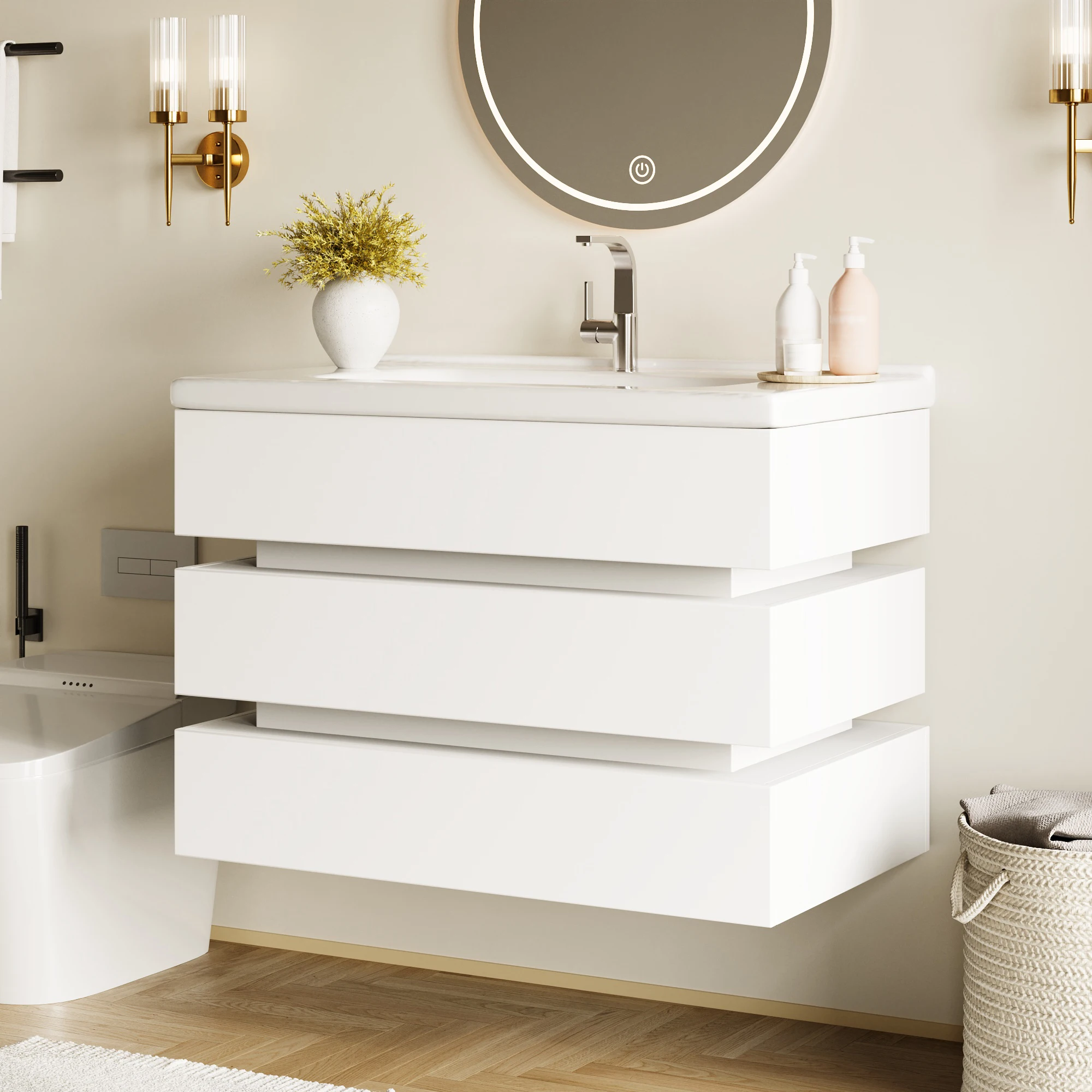 Meuble-lavabo mural blanc avec éclairage LED – Lavabo en céramique, tiroirs à fermeture douce – Meuble de salle de bain moderne et peu encombrant – MDF robuste, montage facile – Design élégant – Parfait pour les petites salles de bain