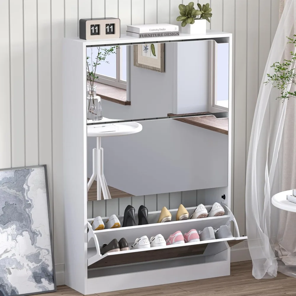 Shoe Cabinet with 3-Flip Mirror Drawers, Freestanding Shoe Rack Organizer with Hidden Handle, Slim Narrow Shoe Storage Cabinet f