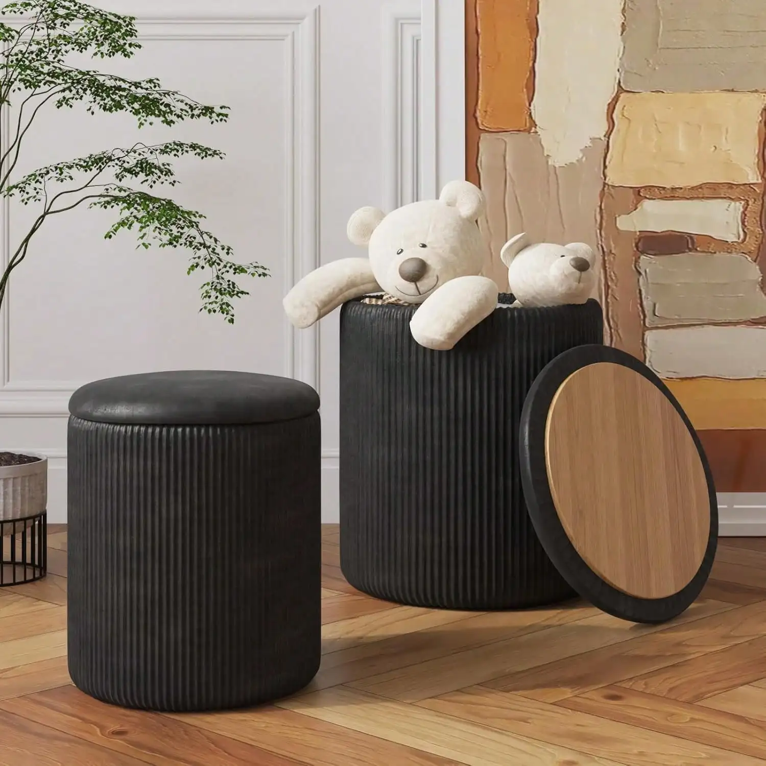 

Round Ottoman With Storage Set Of 2, Velvet Vanity Stool, Pouf Ottoman Foot Rest, Dual Ottoman Set, Multifunctional Ottomans For