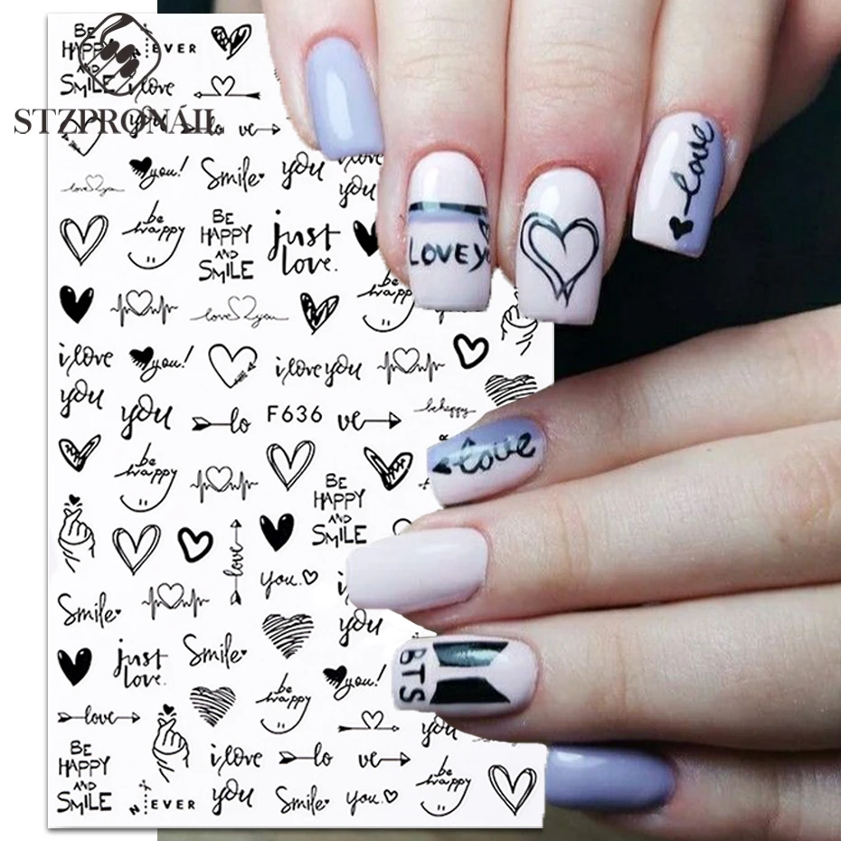 3D Black White Love Heart Nail Stickers Valentine Day Gril Character Line Simple French Manicure Tips Nail Art Decoration SLF636