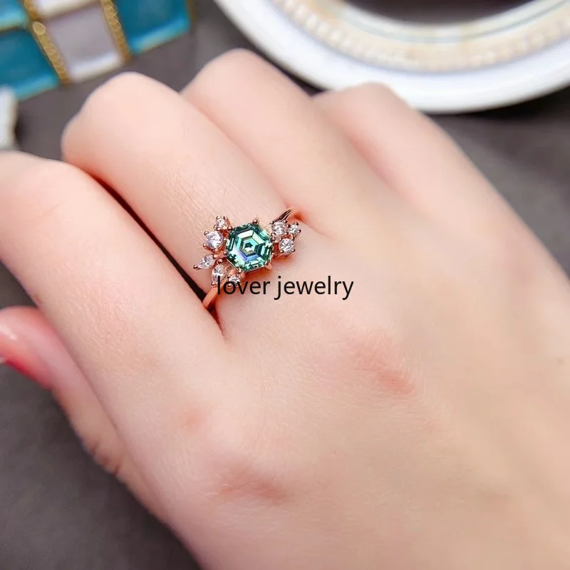Hexagonal Green Moissanite Ring 925 Silver D Color  Rings for Women Fine Jewelry 1ct with Beautiful Color