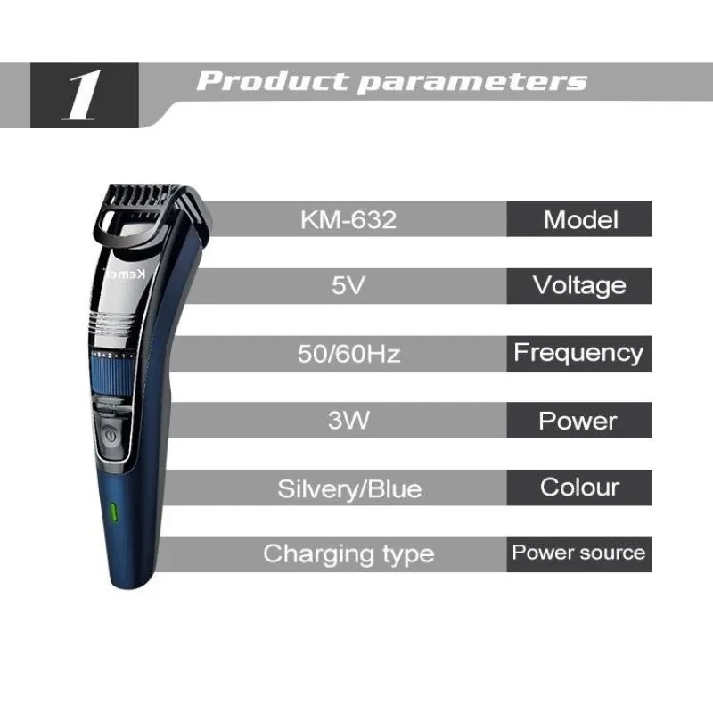 Kemei KM-632 Men Electric Shaver Professional Beard Trimmer For Men Hair Trimmer Grooming Electric Shaver Head Cutter Machine image 3