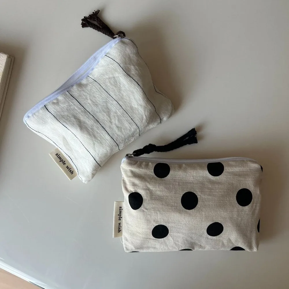 Cotton Linen Material Mini Coin Purse Striped Pattern Polka Dot Design Small Card Pouch Minimalist Style Portable Size