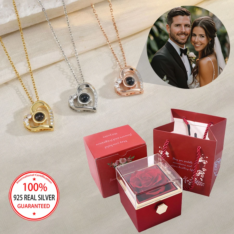 925 Sterling Silver Custom Photo Projection Necklace Paired With Colorful Rotating Rose Gift Box Valentine's Day Gift For Ladies