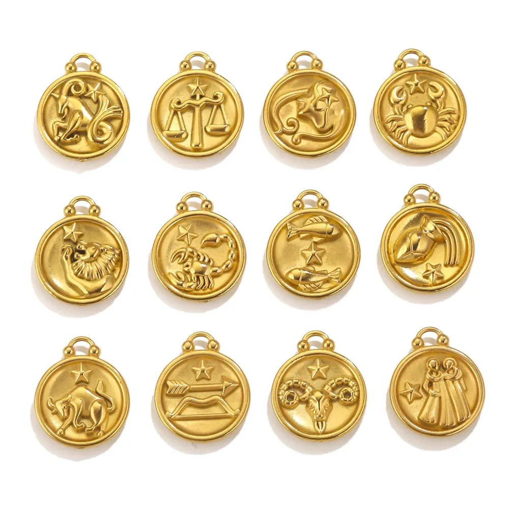 5pcs PVD Gold Plated Stainless Steel Twelve Constellations Charms DIY Aries Libra Leo Pendant Bracelet Necklace Jewelry Parts