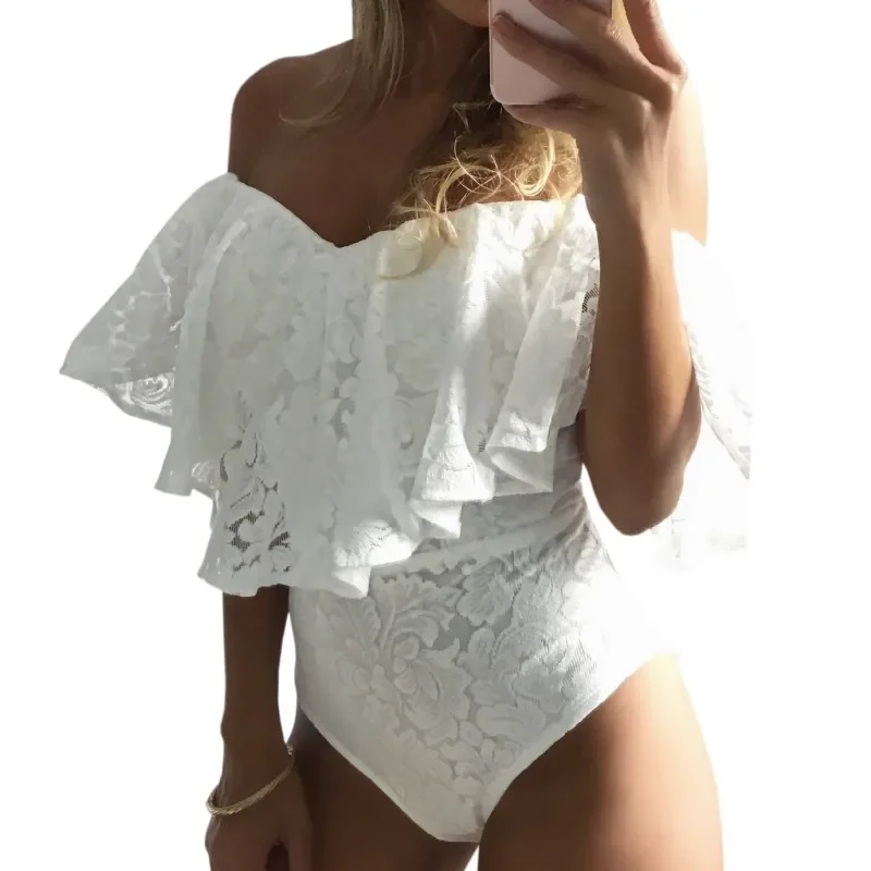 

New Summer Sexy Lace Rompers Ruffles Jumpsuits Slash Neck Off Shoulder Body Top Female Beach Overalls Bodysuits Pibk White Black