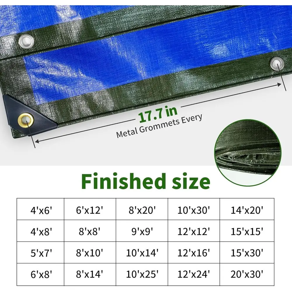 قماش القنب عالي التحمل مقاوم للماء مقاس 12 × 12 مع حماية من الأشعة فوق البنفسجية وحلقات معدنية وغطاء مقاوم للتمزق للاستخدام الخارجي (أخضر/أزرق) #5