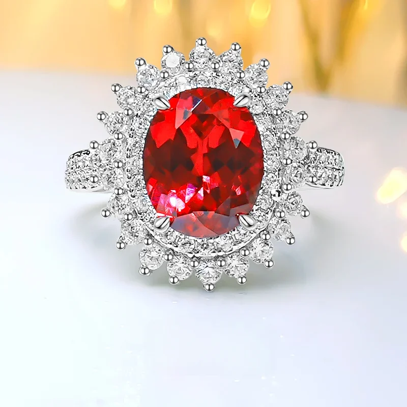 

Simple 925 Sterling Silver Egg shaped Red Treasure Ring Set with High Carbon Diamonds, Elegant Design, Versatile Jewelry