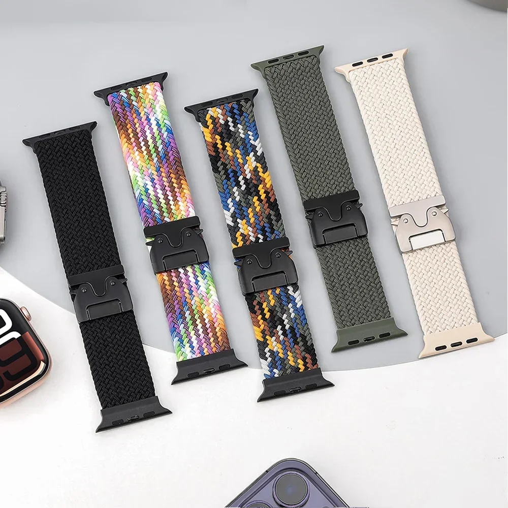 Braided Band Solo LoopสําหรับApple Watch Ultra2 49 มม.46 มม.44 มม.45 มม.42 มม.40mm41mmร่มชูชีพปุ่มSeries 10 9 8 7 6 5 4