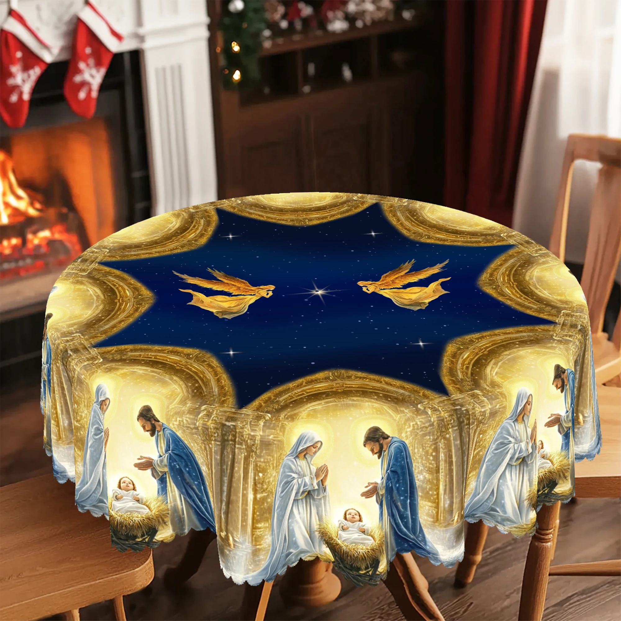 Mantel navideño redondo y rectangular de 1 pieza, varios tamaños, exquisito diseño de patrón de estampado a cuadros de la Biblia y nacimiento, mantel azul y dorado para cocina diaria del hogar, uso en terraza, regalos