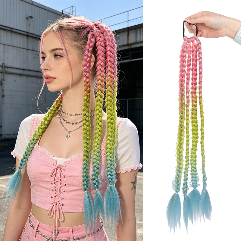 Synthetic Hair Iridescent Braided Ponytail – 3-Tone Gradient, Long Twist Design, Eye-Catching for Street & Event Wear