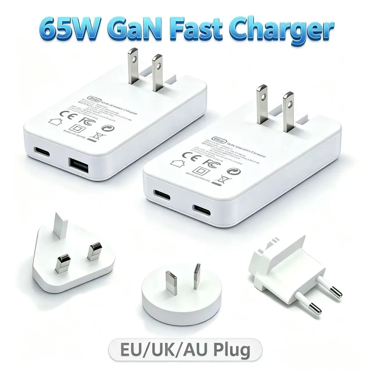 65W GaN 2Port Charger: Foldable US Plug, Detachable EU/UK/AU Plugs, Fast Charging for IPhone16/17 Series, iPad, AirPods Samsung