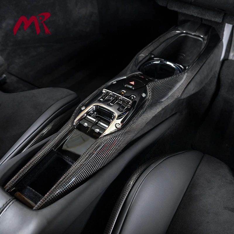 Real Dry Carbon Fiber Car Console Gear Shift Switch Button Panel Decoration Cover Interior Accessories for 296 OEM Style