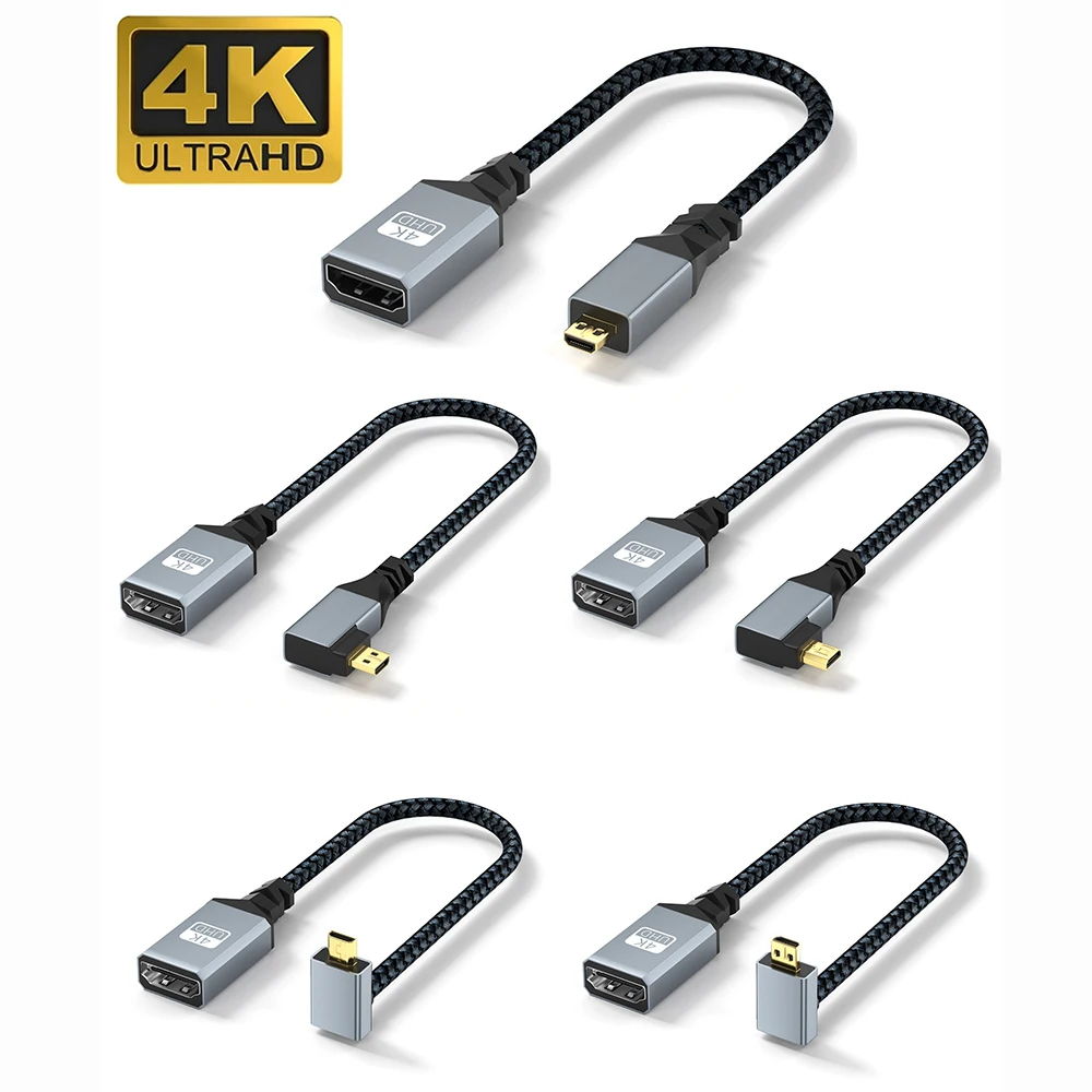 90 Degree Mini/Micro HDMI-compatible to HDMI-compatible2.0 Adapter 4K Braided Cable for DSLR Camera Camcorder Monitor HDTV