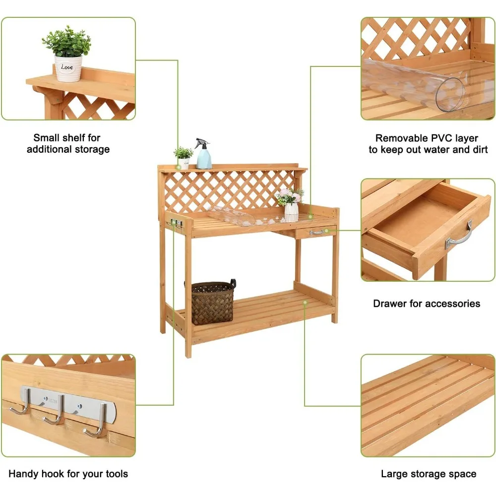

Деревянный садовый Настольный столик для горшков с ящиком для шкафа, открытая полка, нижнее хранилище и крючки для садовых принадлежностей (45X20X44 дюйма)
