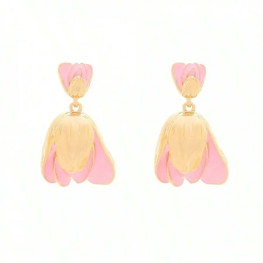 Vintage Floral Drop Earrings For Women, Pink And Gold Tone Sweet Style
