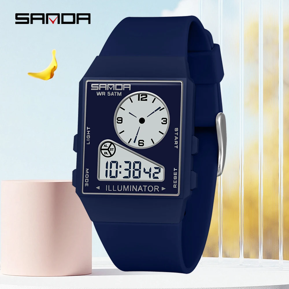 SANDA Fashion Electronic Men's Watch Square Luminous Student Sports Waterproof Triple Timing Led Display Multifunctional Watch