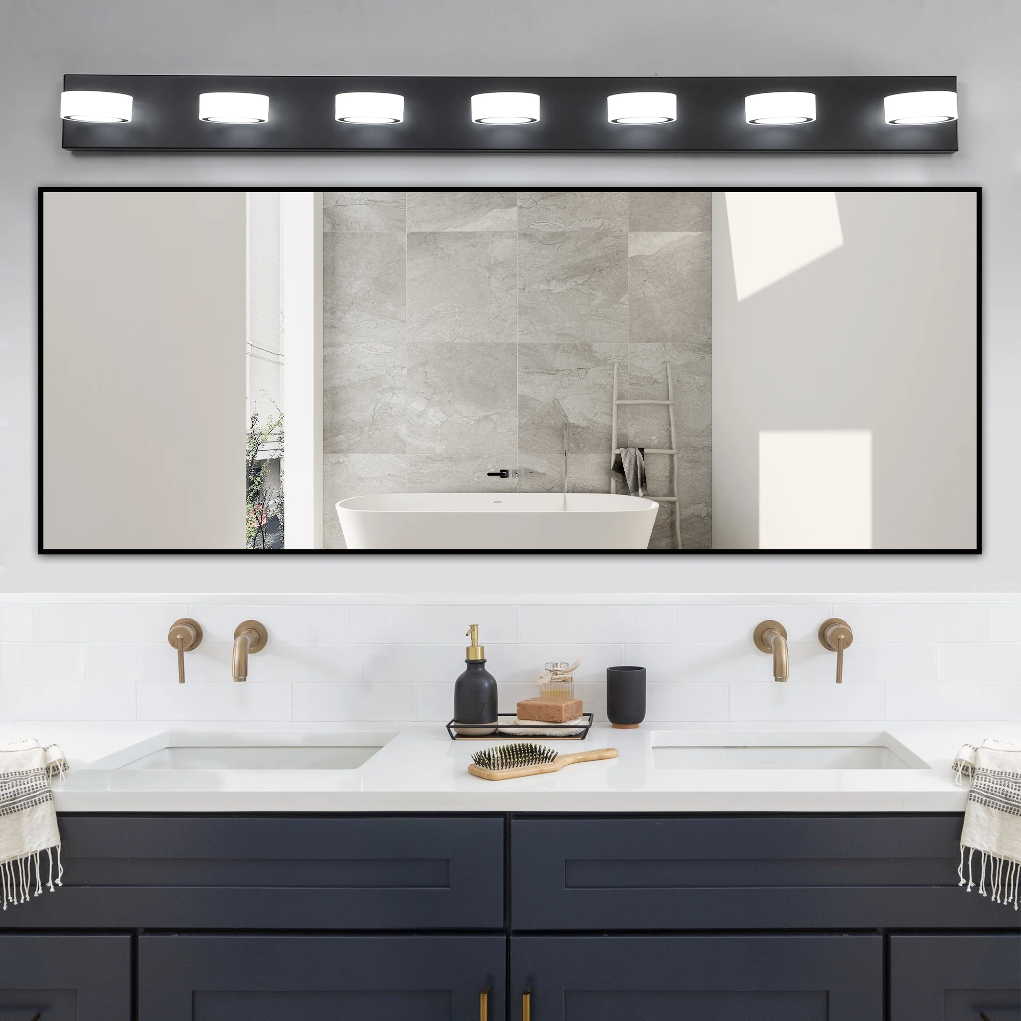 

Modern 7-Light LED Vanity Light Fixture - Black Iron Finish with Acrylic Shades - Energy-Efficient Bathroom Wall Sconce Dimmable