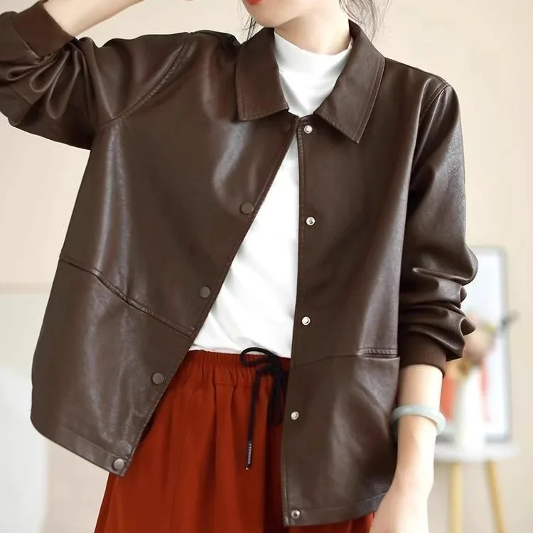 ربيع الخريف 2025 جديد Sle المرأة سترة جلدية فضفاضة عادية منتصف الحياة المرأة Faionable بولي معطف معطف جلد ort طول