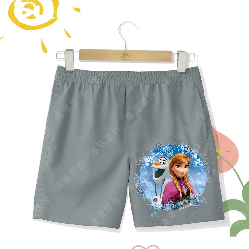 2024 New Kids Disney Collection Girls Beach Shorts Kawaii 2d Anna and Snowman Summer Sports Shorts Seaside Beach Shorts