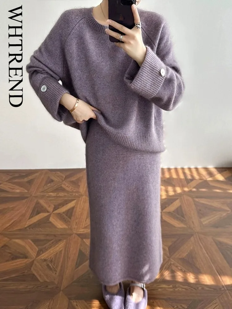 

WHTREND Вязаный комплект для женщин, осень-зима 2025 Новый мягкий свитер с юбкой с высокой талией, комплект из двух предметов WH1642