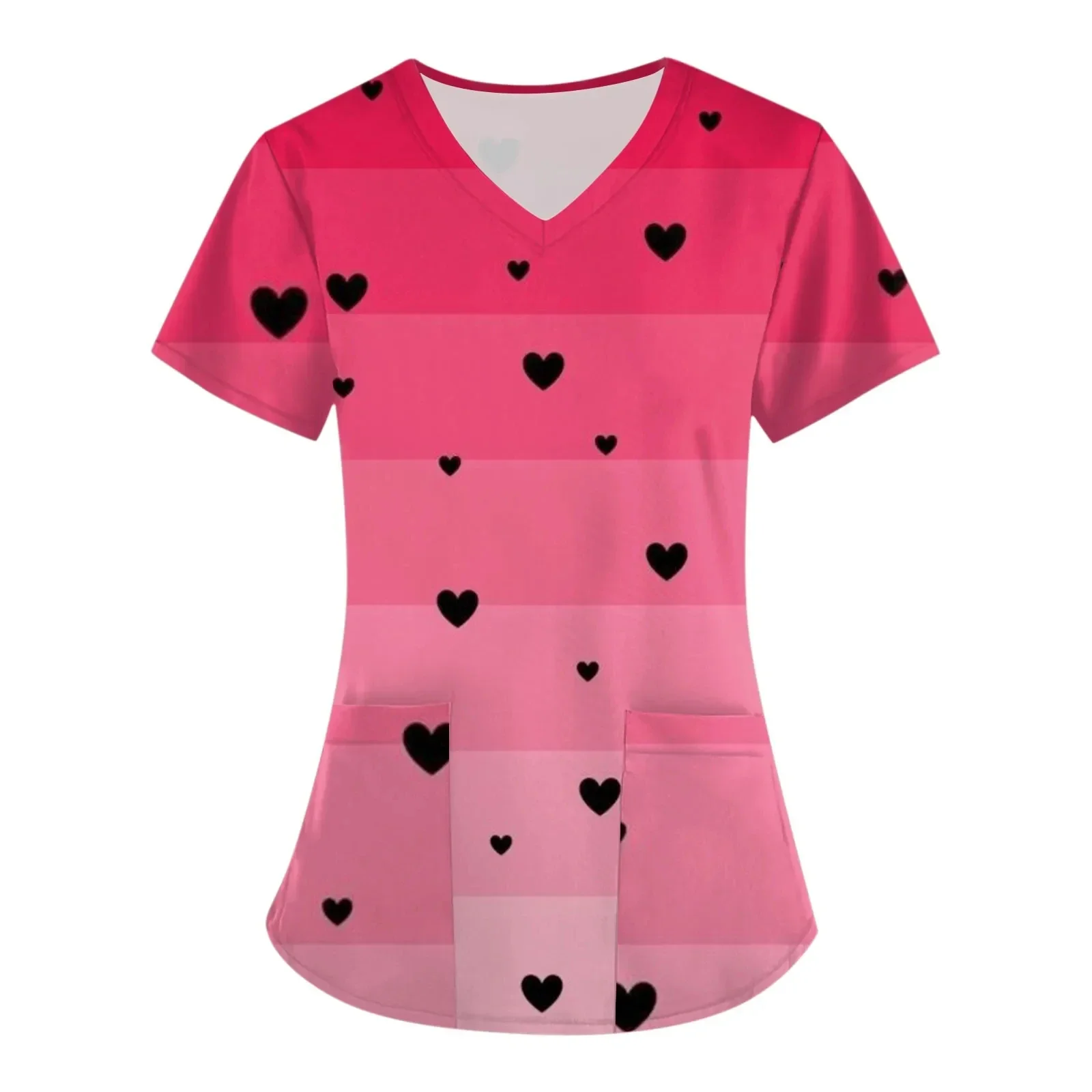المرأة العمل موحدة ابتسامة القلب طباعة قصيرة الأكمام الخامس الرقبة جيب تصميم القمم الدعك الزي الطبي السريري بلوزة نسائية #6