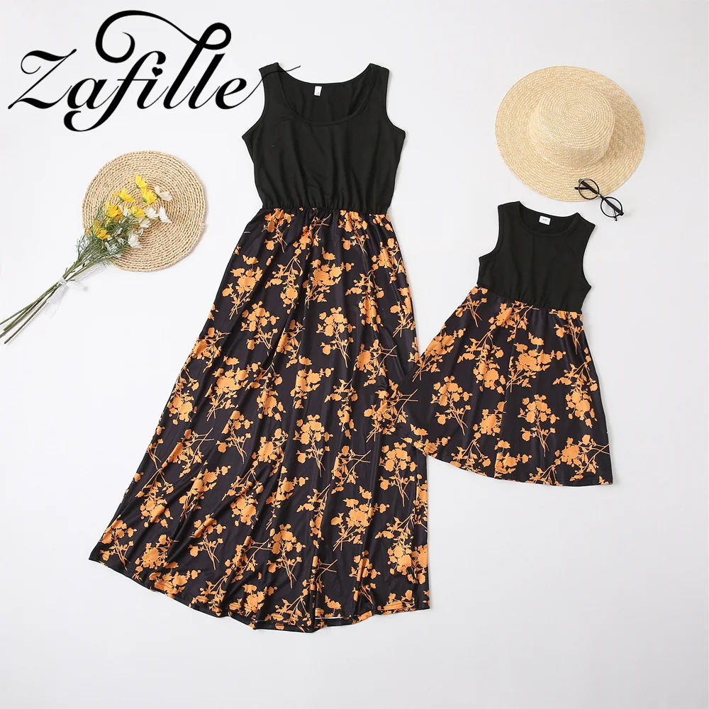 ZAFILLE Summer Family Look Long Dress Patchwork Family Matching Outfits For Mother Daughter Flower Printed Dad And Son T-shirts