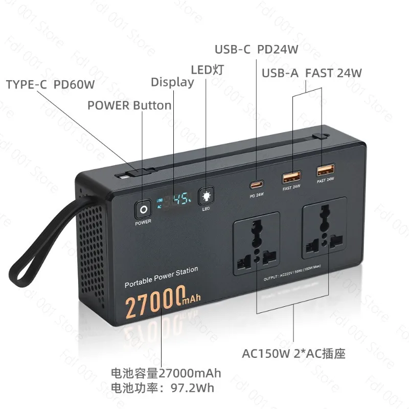 150W Portable Power Inverter Multi‑Function PD 60W Fast Charging with LED Light