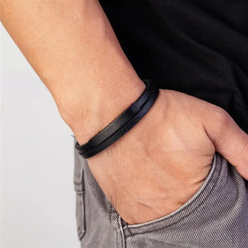 Jiayiqi Men\'s Black Genuine Leather Bracelet Classic Stainless Steel Insert Double-layer Braid Bangles For Men Wholesale Custom