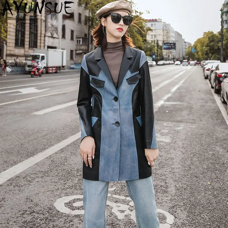 AYUNSUE-Chaqueta de cuero auténtico de longitud media para mujer, abrigo de piel de oveja auténtica, moda de otoño e invierno, 2023