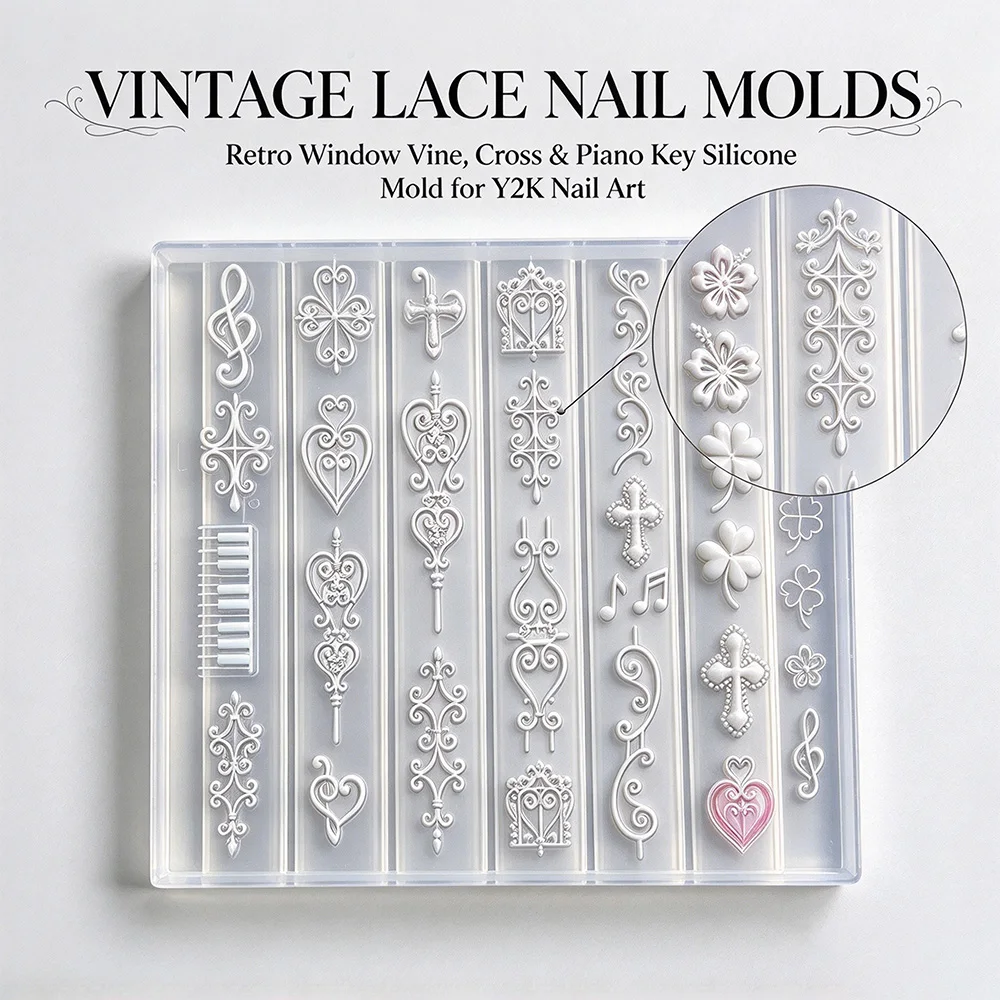 Vintage Gothic Window Nail Silicone Mold Retro Cross Music Note Piano Key 3D Nail Mold Y2K Nail Art Template for DIY Manicure